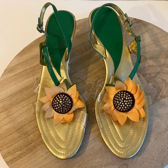 Green Yellow Sunflower Embellished Open Toe Kitten Heel Ankle Strap Size 9.5 - Picture 9 of 13